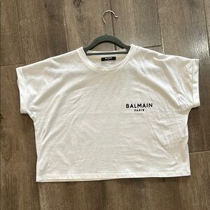 Balmain Cropped White Tee with Black Logo